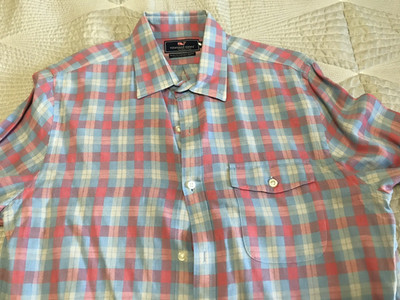 Vineyard Vines Crosby Shirt Mens Size M Slim Fit Linen Blend Blue Plaid Preppy
