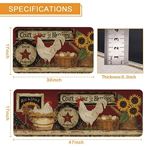 Farmhouse Kitchen Rugs and Mats Set of 2, Farm Rooster Kitchen Mat, Seasonal - Afbeelding 4 van 7