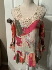 🌸Spense Pink  Green Lace Pullover Cold Shoulder  Ruffle Blouse Top Size S/P🌸