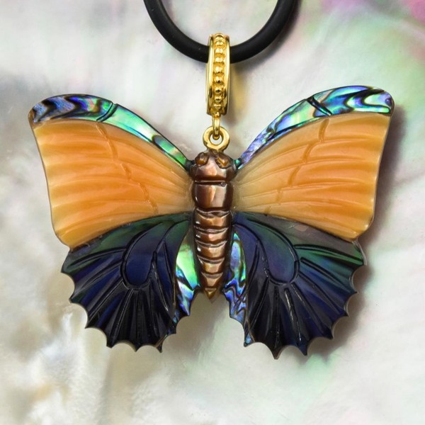 Alternate view of Carved Multicolor Shell Butterfly Pendant Gold Vermeil Sterling Silver 7.34g
