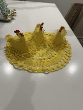 3 Beautiful Vintage Yellow Handmade Crochet Chicken Eggs And Doily