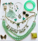 Lot Vintage Rhinestone Pearl Costume Jewelry In Green Necklaces Earrings Bangles