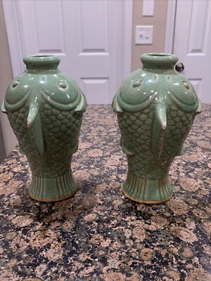 Pair Chinese Celadon Vase Green Porcelain Twin Koi Fish Song Ming Pottery Asian