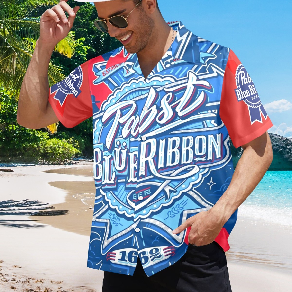 限定 clubhaus Pabst blue ribbon　ポロシャツ　XL Hawaiian Button-Down Shirt. PBR Pabst Blue Ribbon beer | eBay