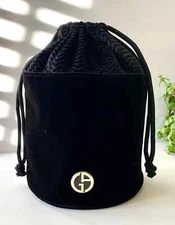 Giorgio Armani Beauty Luxury Black Velvet Drawstring Bag Cosmetic Pouch Travel