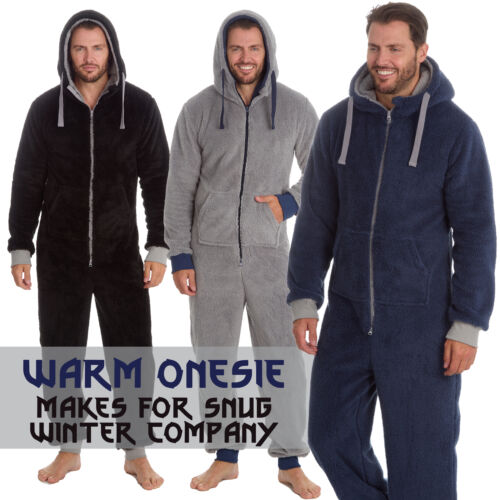 Adult Mens 1Onezie Pyjamas Warm 1Onesie Fleece Sleepsuit Plain S M L XL Hooded - Picture 1 of 22