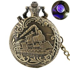 Retro LED Locomotive Railway Men Women Quartz Pocket Watch Pendant Chain Gift