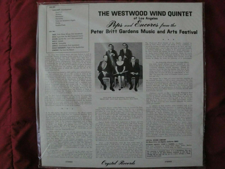 The Westwood Wind Quintet of Los Angeles "Pops and Encores" Mint Sealed Vinyl Lp - Imagem 2 de 3