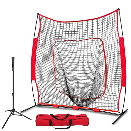 7'×7' Pro-Style Batting Tee +Baseball Softball Practice Net w/Bag and Bow Frame