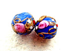 ANTIQUE 2 PCS  COBALT BLUE WEDDING CAKE GLASS TRADE BEADS  PINK & WHITE  FLOWERS — photo 6