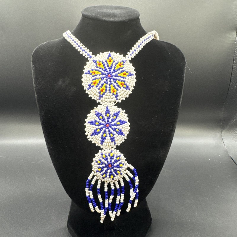 Native American Seed Bead Three Medallion Necklace White Blue Multi