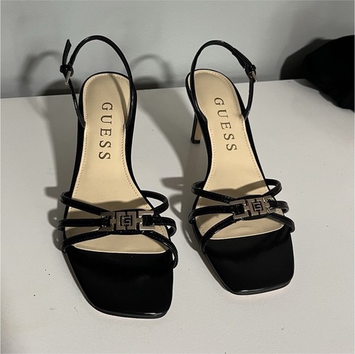 GUESS Women's Black Strappy Ankle Strap Square Toe Faux Leather Heels 8