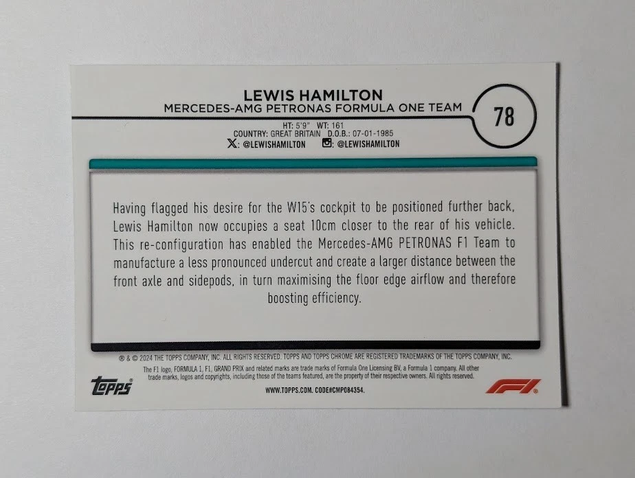 Lewis Hamilton #78 2024 Topps Chrome F1 Black White Raywave Parallel Formula 1 - Image 2 of 2
