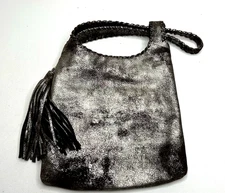 HOBO INTERNATIONAL "Blossom" Satchel Wristlet Suede Silver/Brown Metallic Tassel