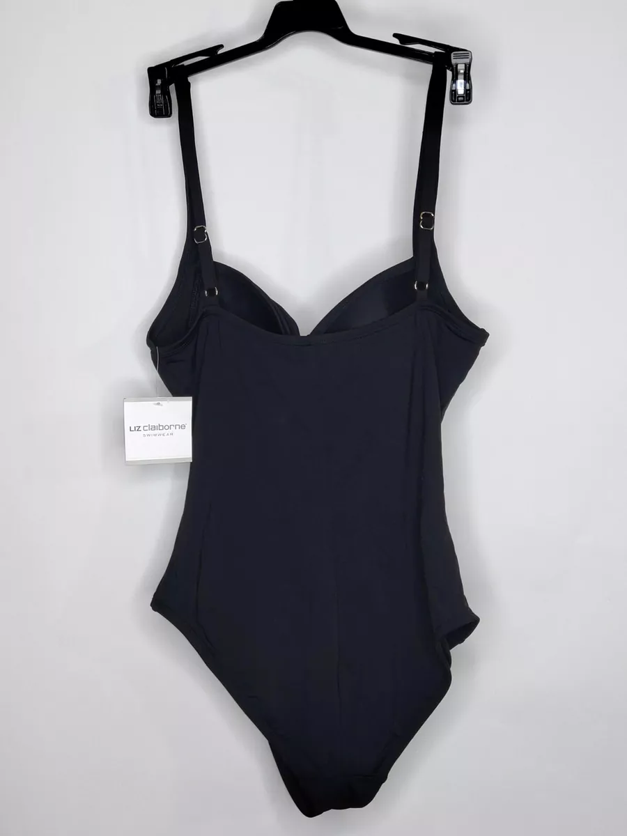 NWT Liz Claiborne Swim Suit Color Black 1 Piece Built In Bra High Cut Wide  Strap