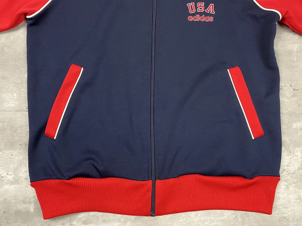 Chaqueta deportiva vintage años 80 ADIDAS EE. UU. Team M mediana roja blanca azul 3 rayas RARA Foto 3 de 4