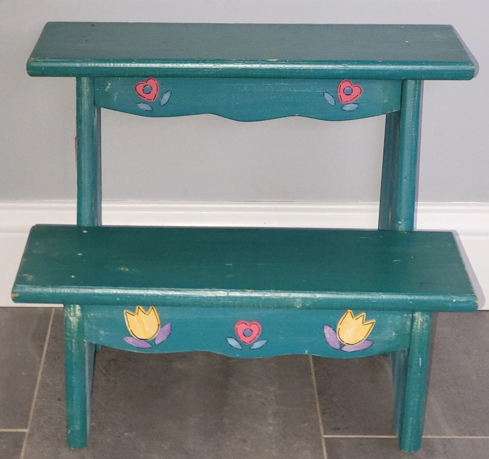Vintage Shabby Chic A Touch of Class Tulip Twirl Floral Turquoise Step Stool - Image 2 of 4