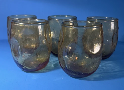 Set Of 5- Blenko Style, MCM Amber Glass Roly Poly Low Ball Rocks Glasses