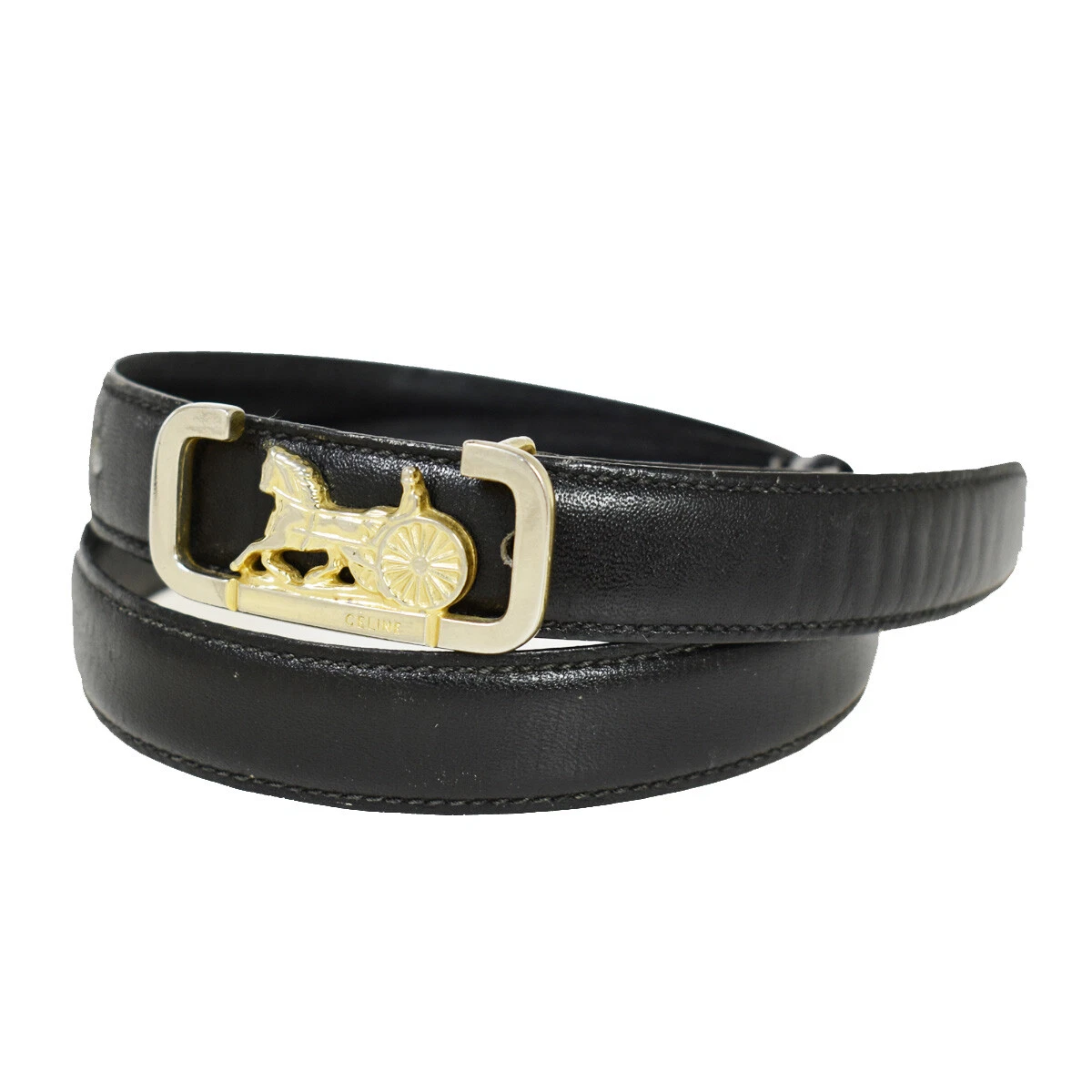 CELINE Horse Carriage Buckle Belt Leather #60 Black Gold Italy Accessory 07JF308