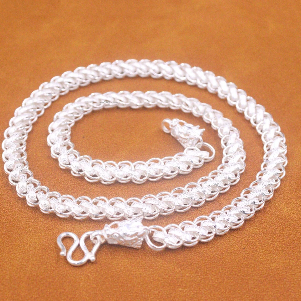 Collar de plata fina pura 999 para hombres y mujeres 9 mm tallado cabeza de dragón cadena de eslabones 22 pulgadas Foto 2 de 4