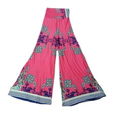 Boho Wide Leg Palazzo Pants M Pink Paisley Floral Print High Waist Stretchy