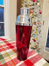 Vintage Cocktail Shaker Ruby Red  Art Deco Style Glass Chrome Drink Mixer 11"
