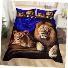 Lion Duvet Cover Blue Rose Bedding Set for Women Men,Wild Queen Multi 08
