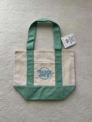 Trader Joe's Foldable Canvas Tote Bag Green Beige Reusable Shopping
