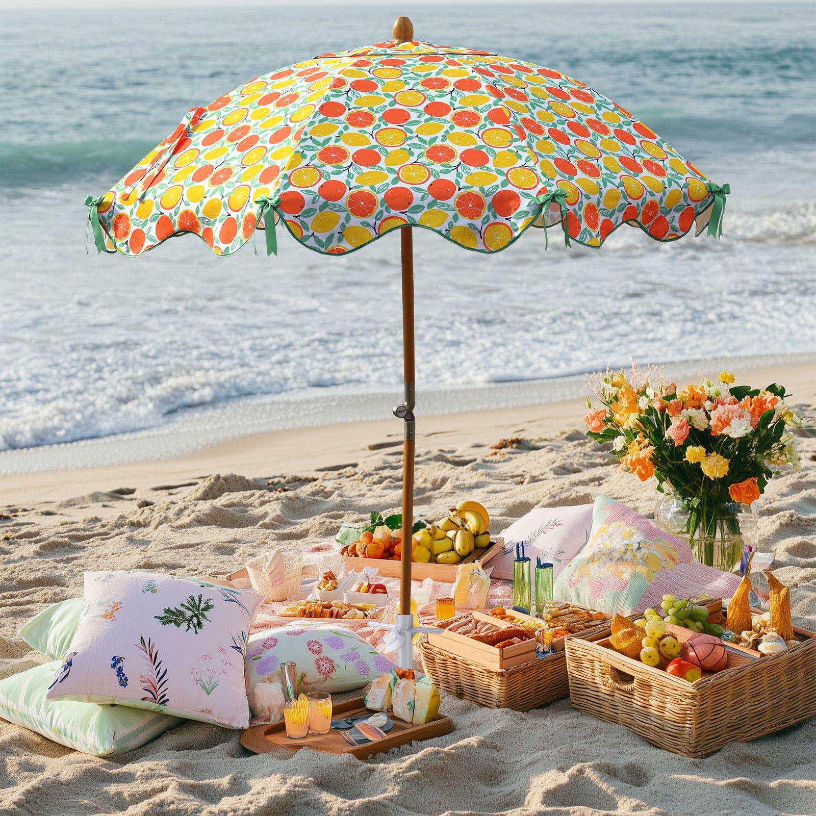 LAGarden Our Beach Umbrella Beech Wood Pole w/ Tablecloth Orange Grapefruit