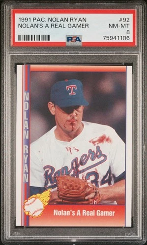 NOLAN RYAN 1991 PACIFIC #92 “NOLAN'S A REAL GAMER” Bloody Face - PSA 8