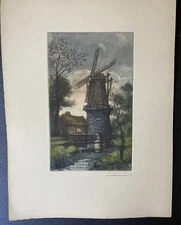 Hand-Colored Etching “Hooigracht” (Dutch Windmill & Bridge) — Pencil-Titled, Ear