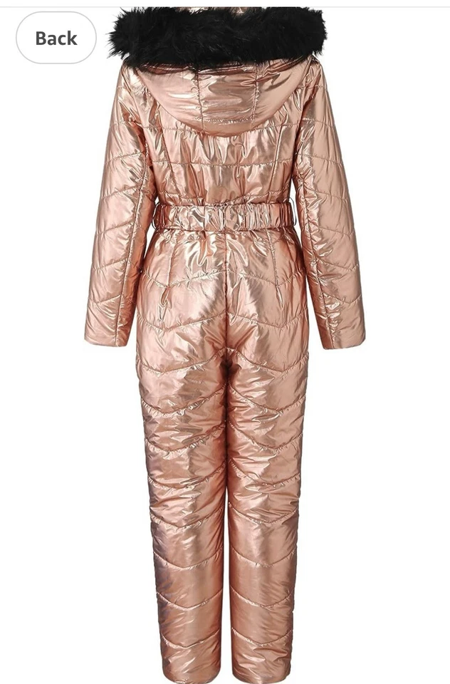 Women’s One Piece Snowsuit Ski Suit Fur Hood Waterproof Winter Snowboarding Pink - Image 2 of 4