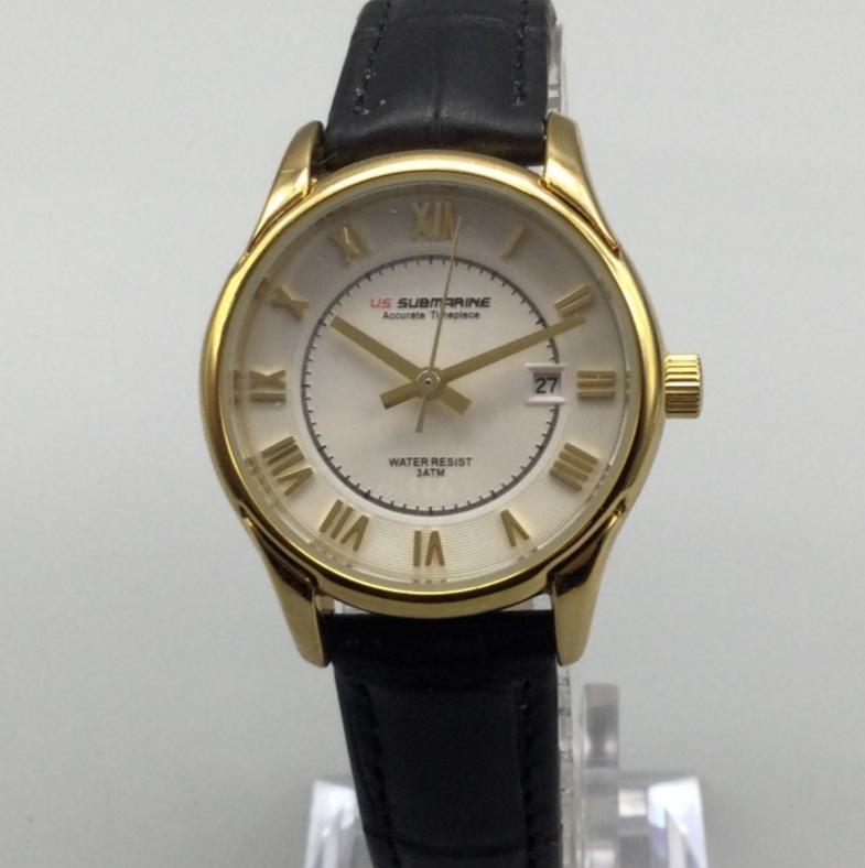 Submarine Accurate Watch Women 28mm Gold Tone Date Leather Band J118LD