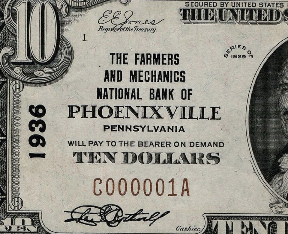 1929 Ty.1 $10 Ch#1936 Farmers & Mechanics NB of Phoenixville PA S/N C000001A AU - Image 2 of 4