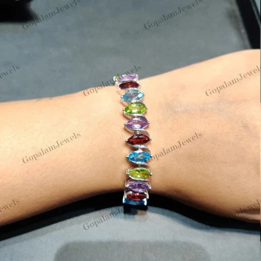 Multi Gemstone Garnet Peridot Amethyst Topaz Tennis Bracelet Sterling Silver