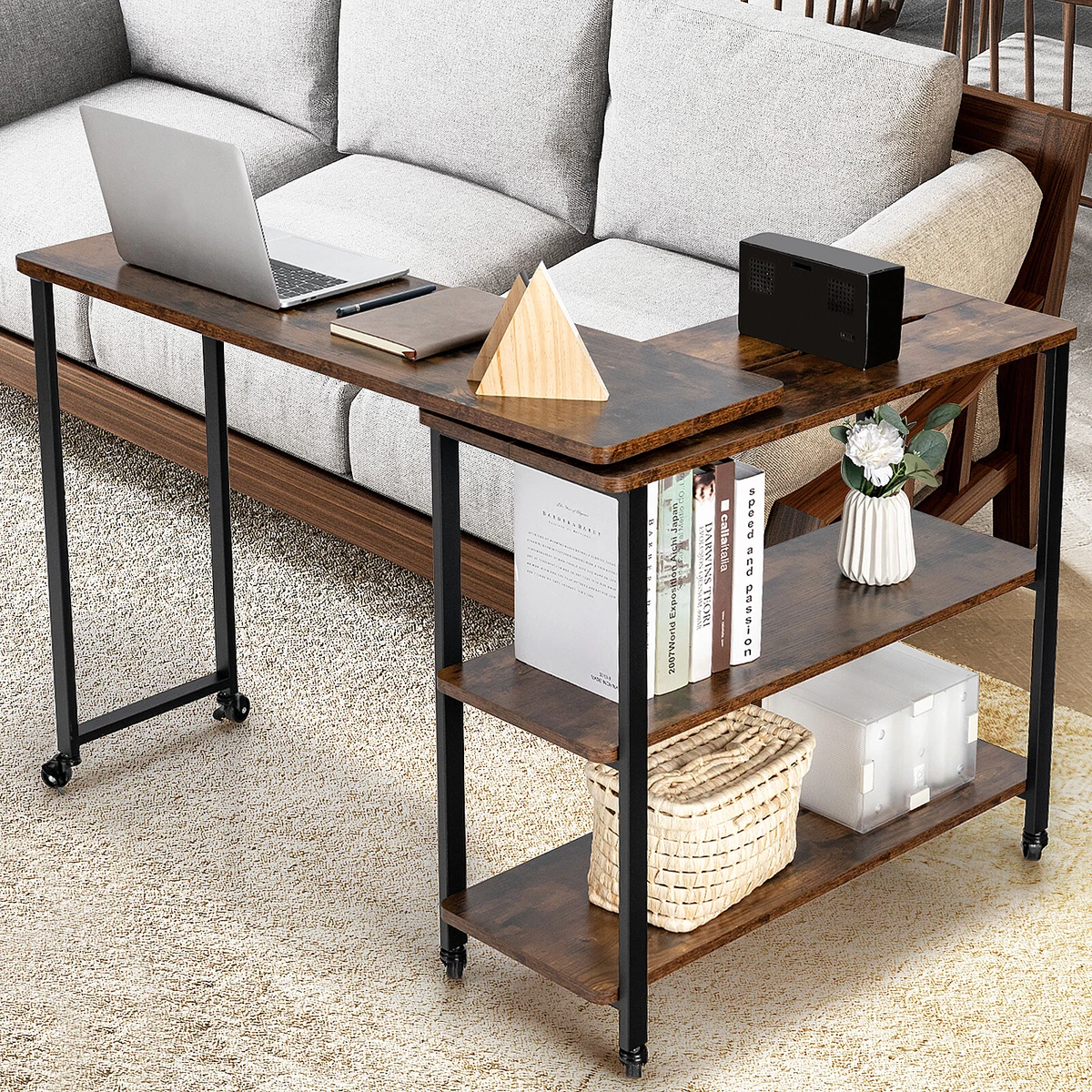 Large 360 Free Rotating Sofa Side Table with Wheels Storage Shelf