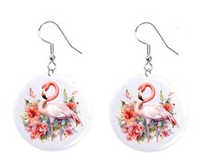 Pink Flamingos Button Earrings Jewelry 1" Dangle, Birds, Tropical, MADE IN USA