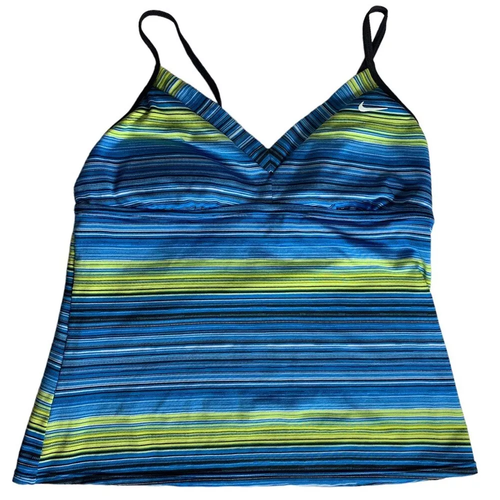 NIKE Swim Women s Sport Tankini Top Racerback Adjustable Blue Green Stripe Sz 10