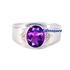 Natural Amethyst & CZ Gemstones with 925 Sterling Silver Ring for Men's #345