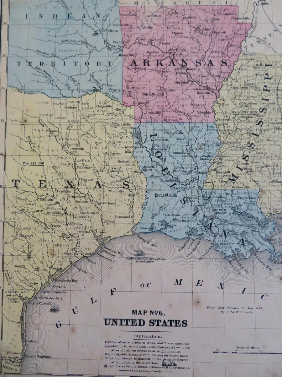 Texas Southern US Louisiana Arkansas Mississippi New Orleans Dallas 1853 map