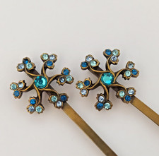Michal Negrin Hairpin Pair 2 Blue Shades Crystals Bursting Flower Barrette Gift