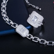 Micro Pave CZ Cuban Chain Link Bracelet Ring Cubic Zircon Square CZ Jewelry Set