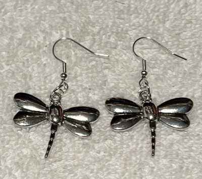 Silvertone Dragonfly Charm w/Silverplated Earwires Dangle Earrings NEW Handmade