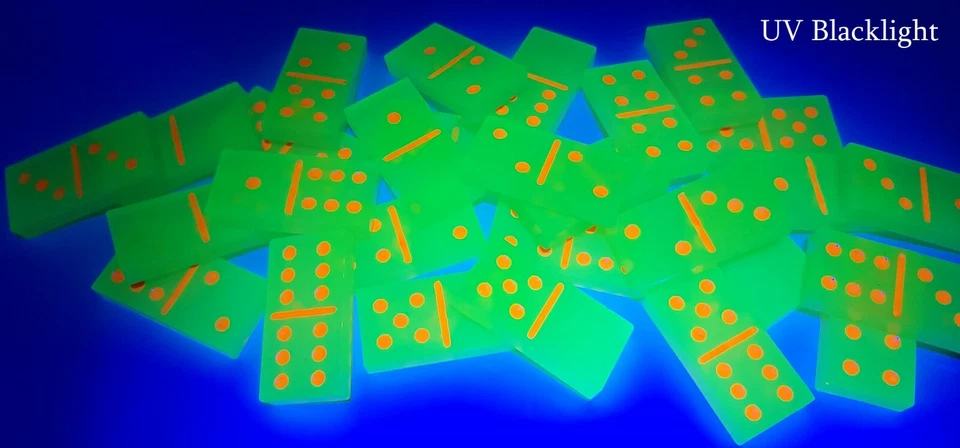 Handmade Glow in The Dark Green with Orange Dots Dominoes Double 6 Set, Gift Toy - Image 3 of 4