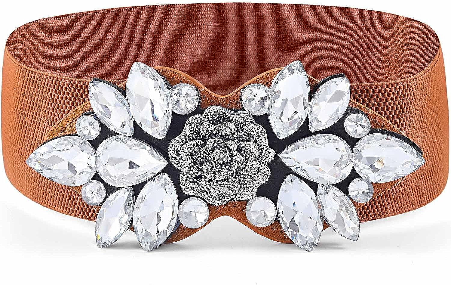 Wriidy Rhinestone Stretch Belt Wide Dressy Belt Plus Size Women Flower