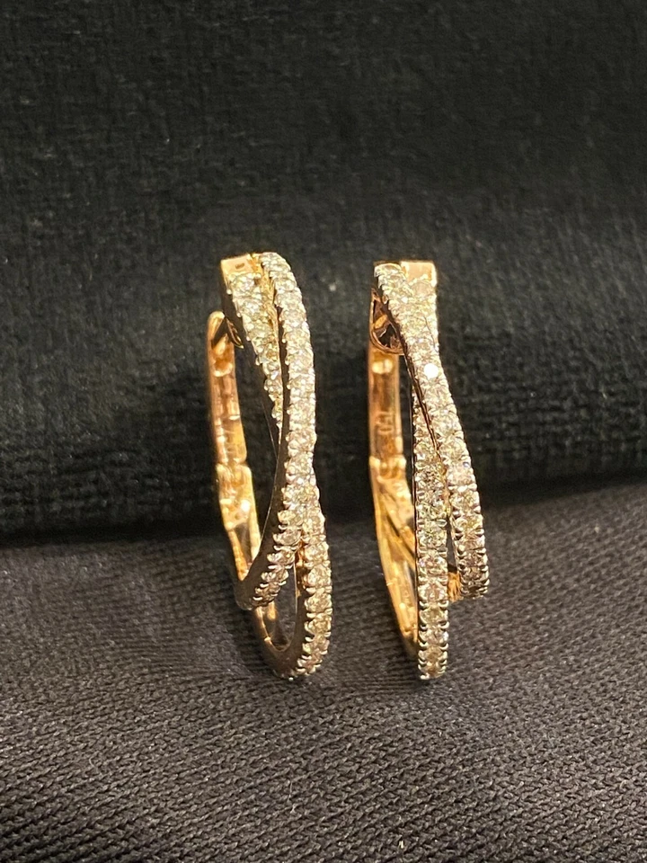 Pave 0,78 Cts Runde Brilliant Cut Diamanten Kreuz Creolen Ohrringe In 18K Gold - Bild 1 von 4
