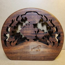 Vintage Handcrafted Wooden Napkin Holder Rustic Gardening Scene Relief 7.5" Wide