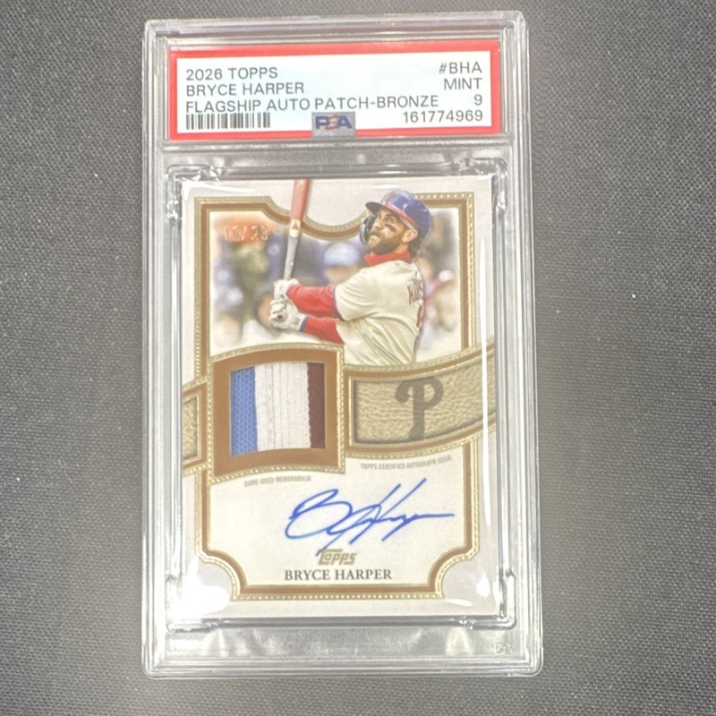 Pop 1 Topps 2026 Bryce Harper Flagship patch/auto-Bronze /25 PSA 9