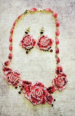 Red and Pink Rose Enamel and Crystal  Bib Necklace and Pierced Earring Set