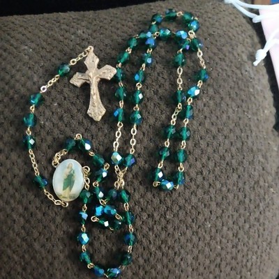 Italian Saint St Jude Green Gold Tone Rosary Pin Gift San Judas Religious Gift